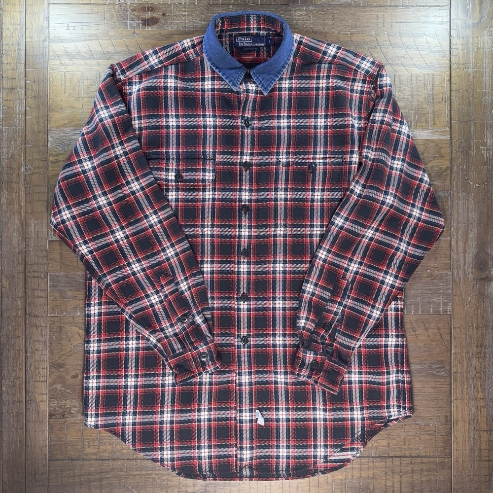 VTG 90s Polo Ralph Lauren Heavyweight Flannel Shirt Sz LARGE Denim Collar